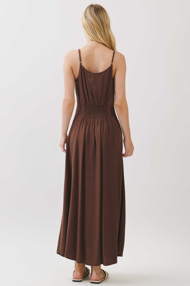 FLOWY CONTRAST BUTTONED TRIM SLIT MAXI DRESS