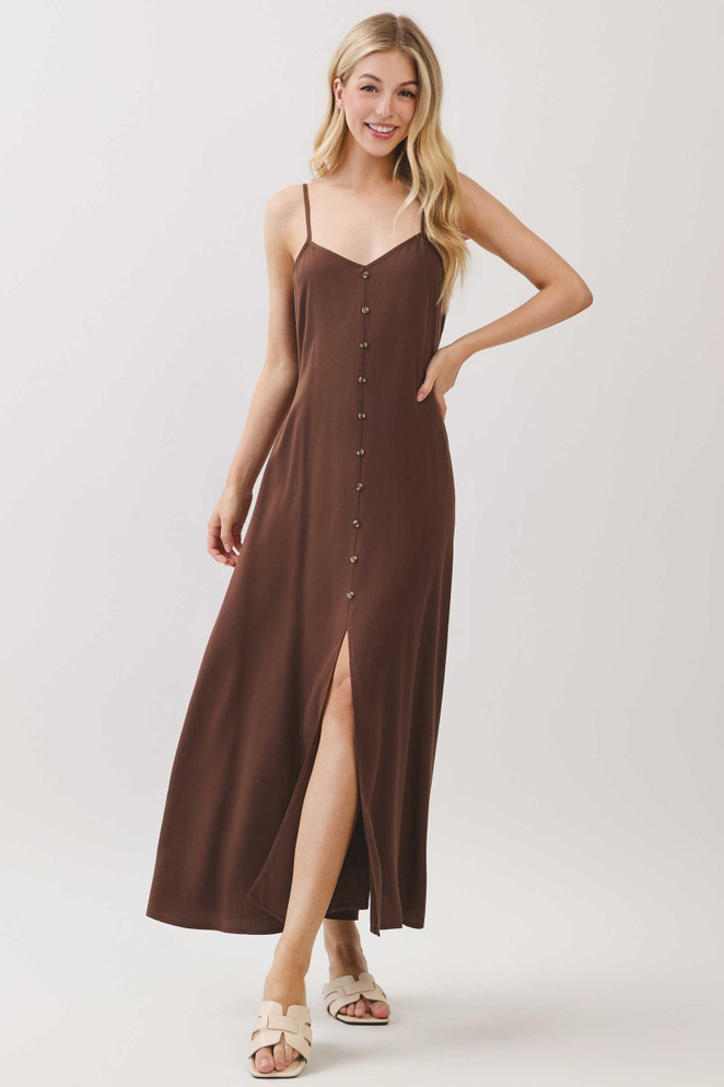 FLOWY CONTRAST BUTTONED TRIM SLIT MAXI DRESS