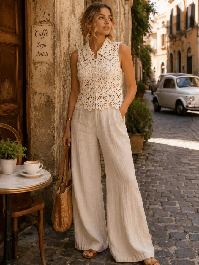 SLEEVELESS BUTTON CLOSURE CROCHET TOP