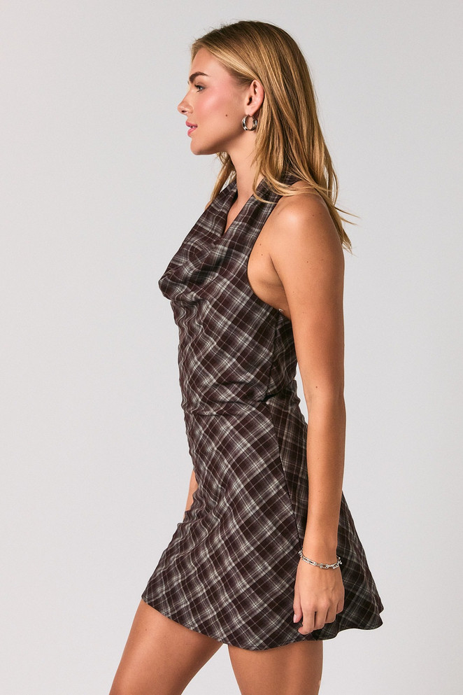 HALTER NECK OPEN BACK PLAID MINI DRESS