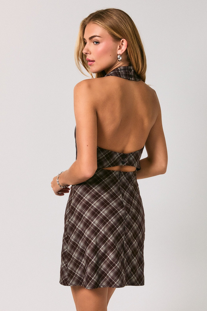 HALTER NECK OPEN BACK PLAID MINI DRESS
