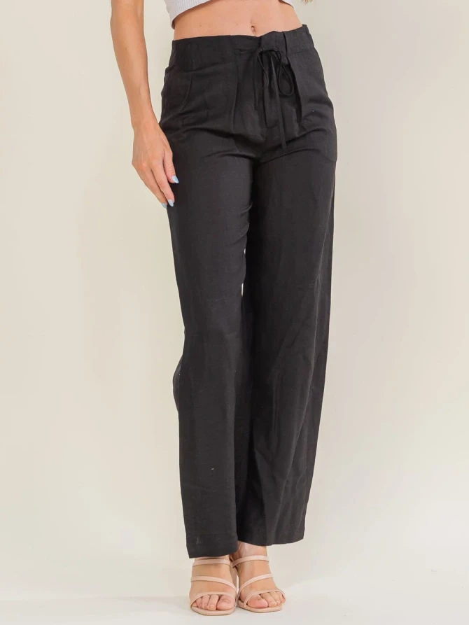 POCKETS AND ADJUSTABLE WAIST WIDE LEG LINEN PANTS