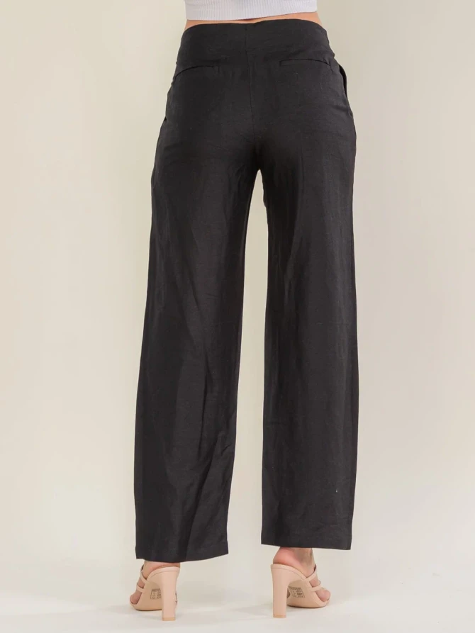 POCKETS AND ADJUSTABLE WAIST WIDE LEG LINEN PANTS