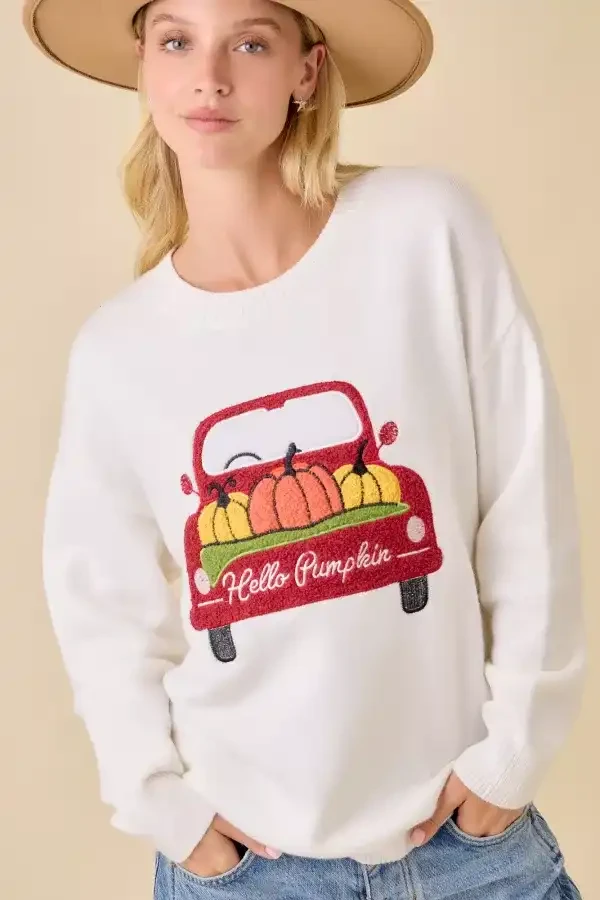 PUMPKIN TRUCK EMBROIDERED PATCHWORK SWEATER