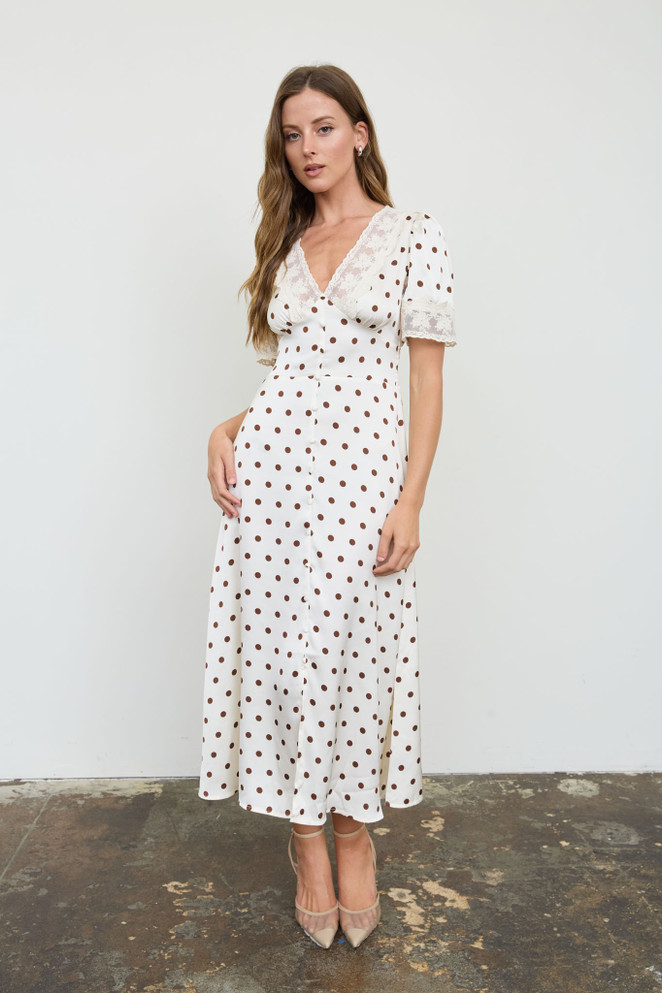 POLKA DOT LACE TRIM V NECK BUTTON DOWN MIDI DRESS