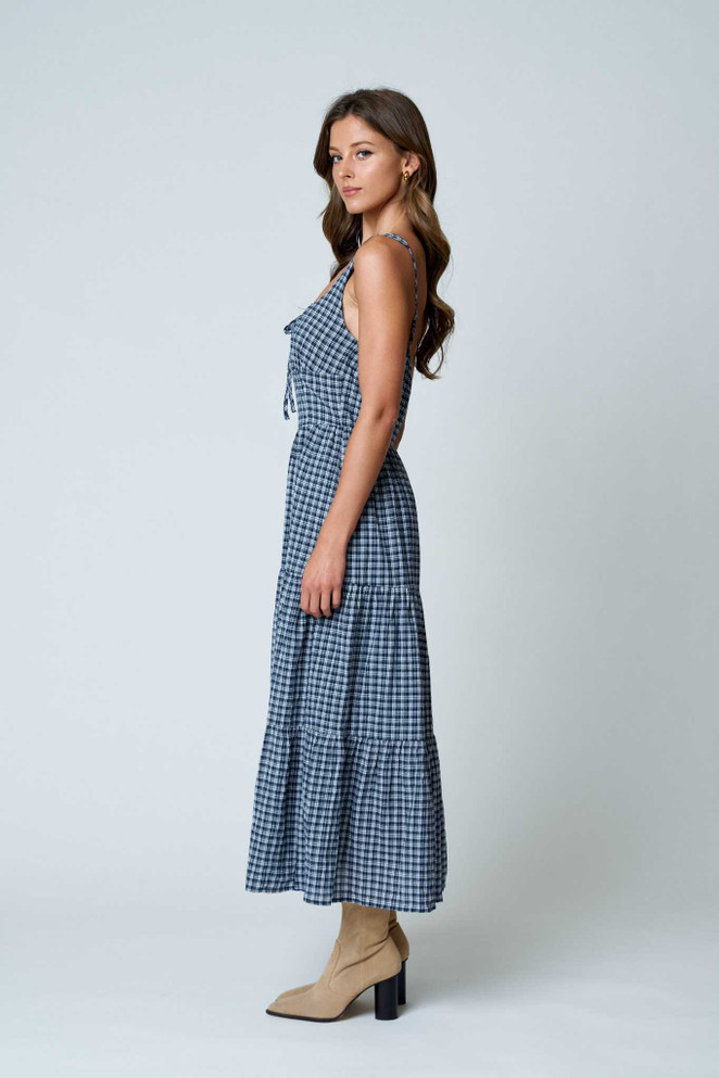 PLAID FRONT TIE CORSET DETAIL TIERED MIDI DRESS