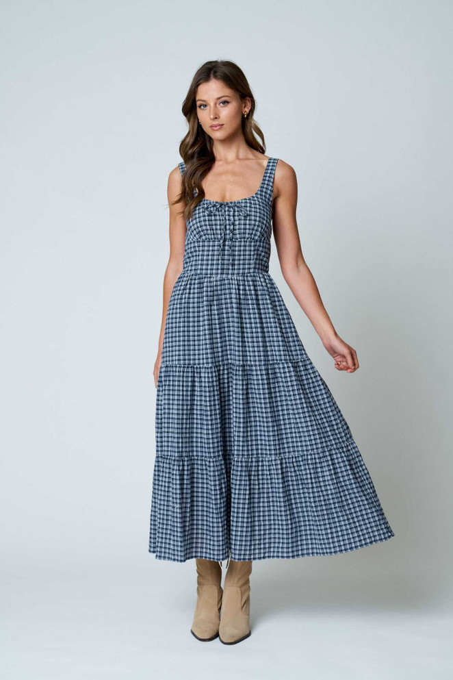 PLAID FRONT TIE CORSET DETAIL TIERED MIDI DRESS