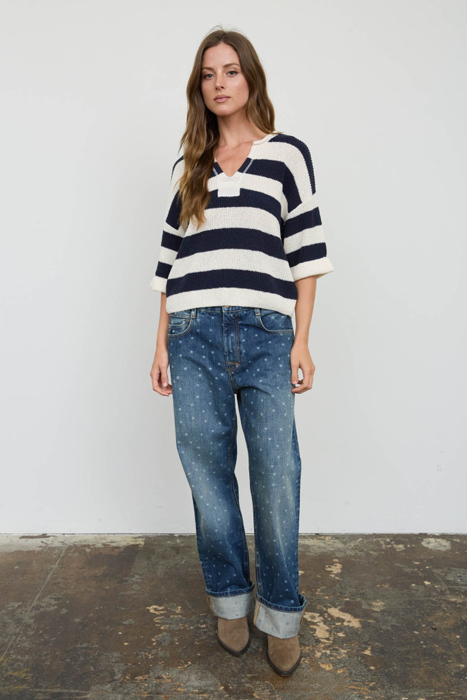 WIDE STRIPE RAW SPLIT NECK HALF SLEEVE SWEATER
