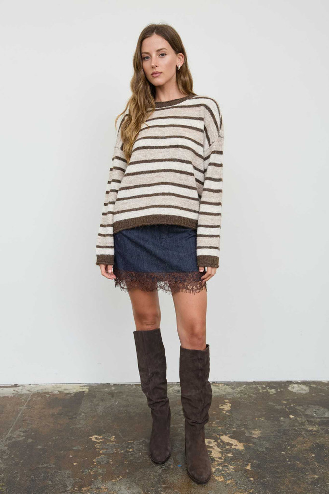 HEATHERED MULTI-STRIPE RAW EDGE KNIT SWEATER