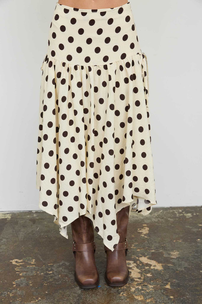 POLKA DOT DROP WAIST HANDKERCHIEF MIDI SKIRT