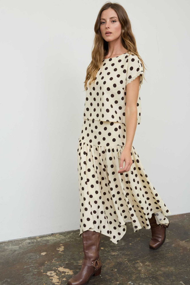 POLKA DOT DROP WAIST HANDKERCHIEF MIDI SKIRT