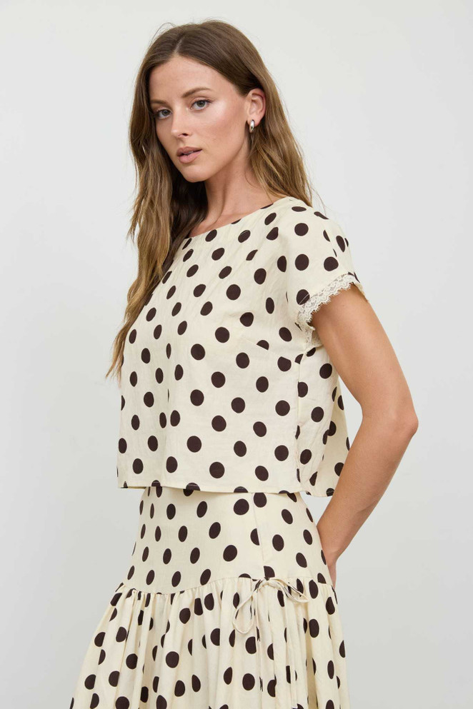 POLKA DOT SHORT SLEEVE LACE TRIM BOXY TOP