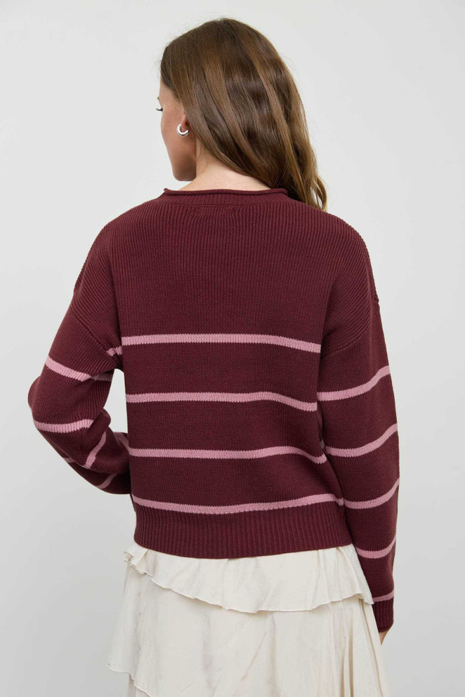 STRIPE RAW CREW NECK LONG SLEEVE SWEATER