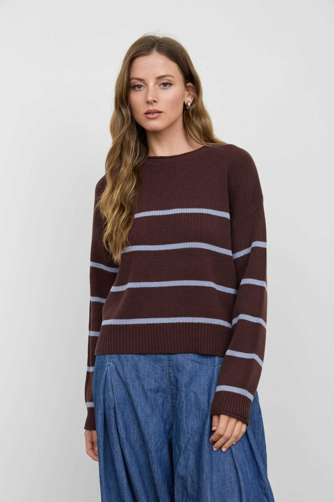 STRIPE RAW CREW NECK LONG SLEEVE SWEATER