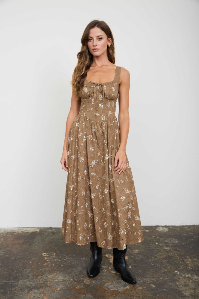 FLORAL EYELET TIE FRONT CORSET MIDI DRESS
