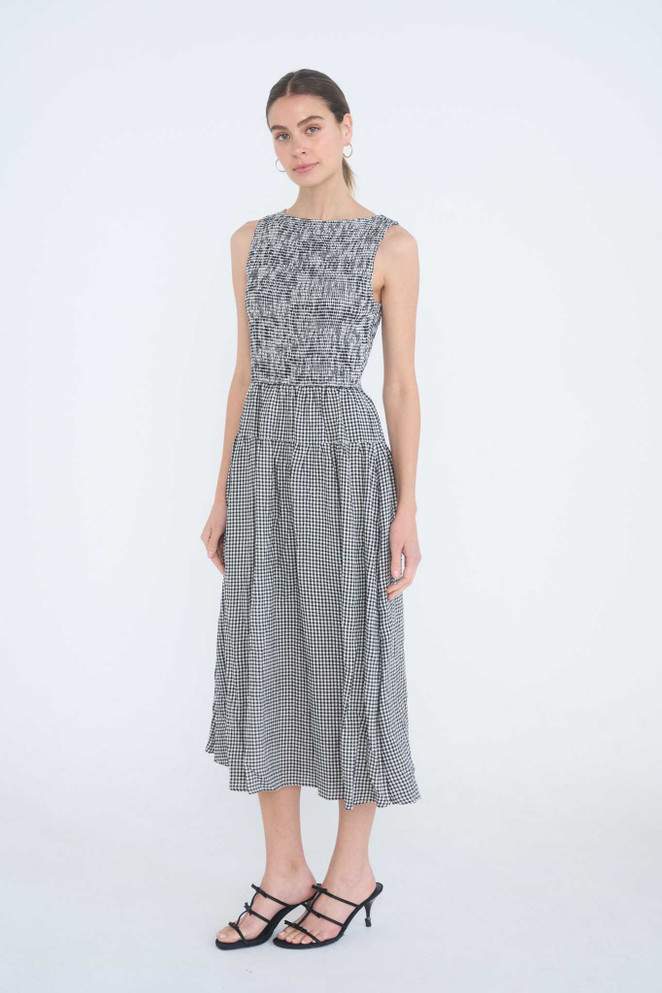 SMOCKED GINGHAM TIERED SLEEVELESS MIDI DRESS