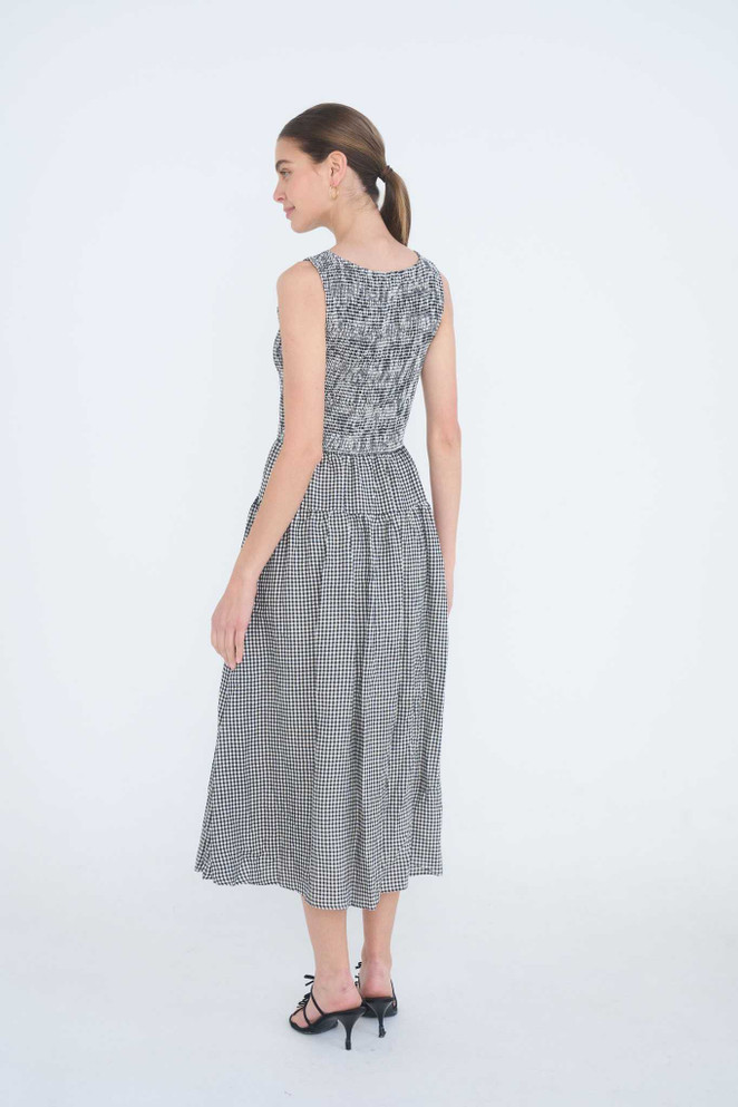 SMOCKED GINGHAM TIERED SLEEVELESS MIDI DRESS