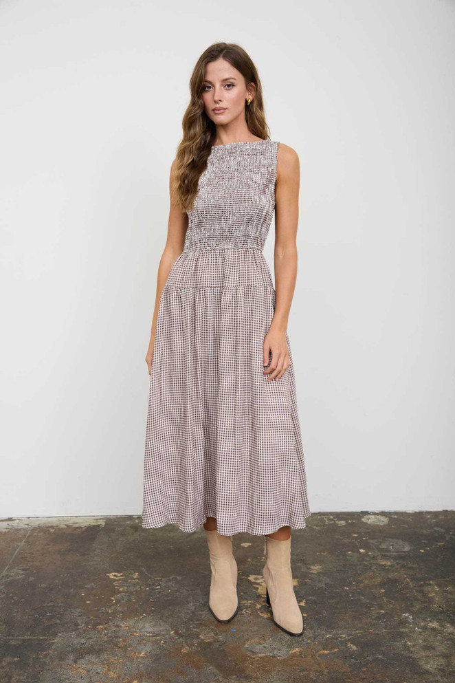 SMOCKED GINGHAM TIERED SLEEVELESS MIDI DRESS