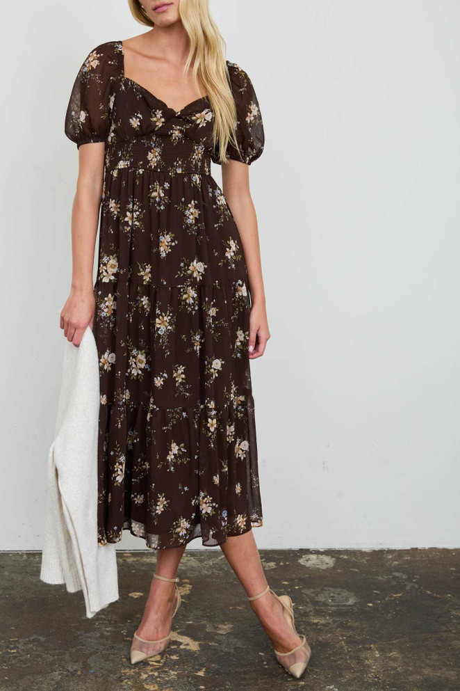 FLORAL SWEETHEART SMOCKED PUFF TIERED MIDI DRESS