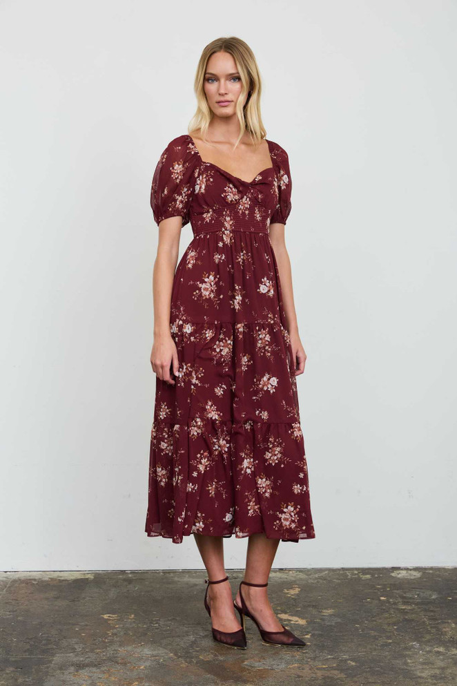 FLORAL SWEETHEART SMOCKED PUFF TIERED MIDI DRESS