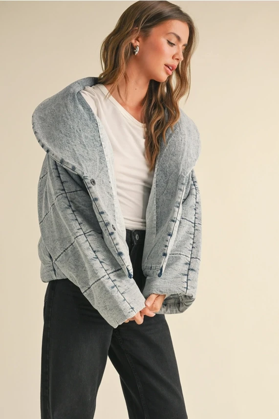 QUILTED TIE TO CLOSE DENIM JACKET