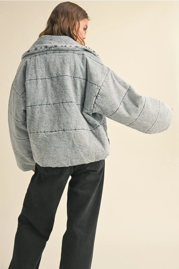 QUILTED TIE TO CLOSE DENIM JACKET