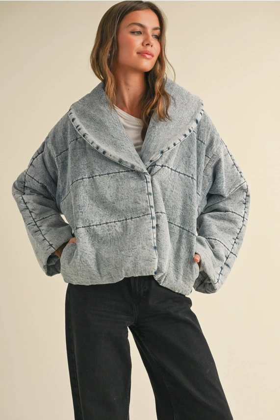 QUILTED TIE TO CLOSE DENIM JACKET