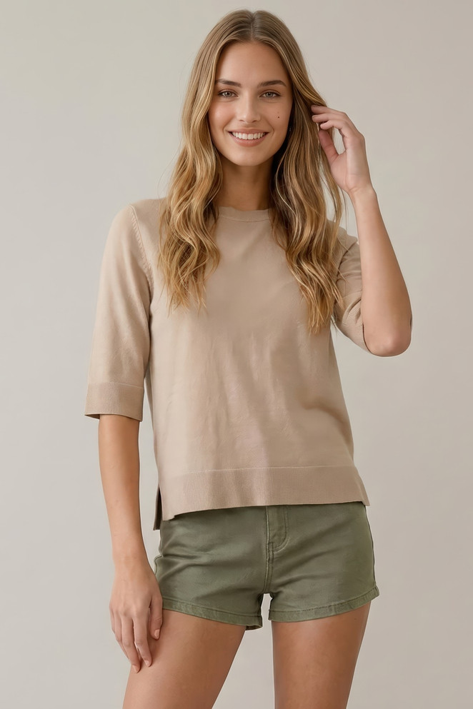 HALF SLEEVE KNIT SIDE SLIT TOP