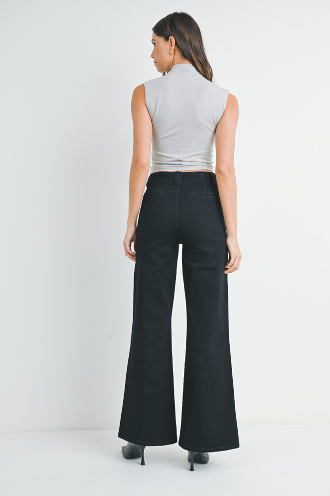 HIGH RISE PATCH POCKET WIDE LEG FLARE DENIM JEANS