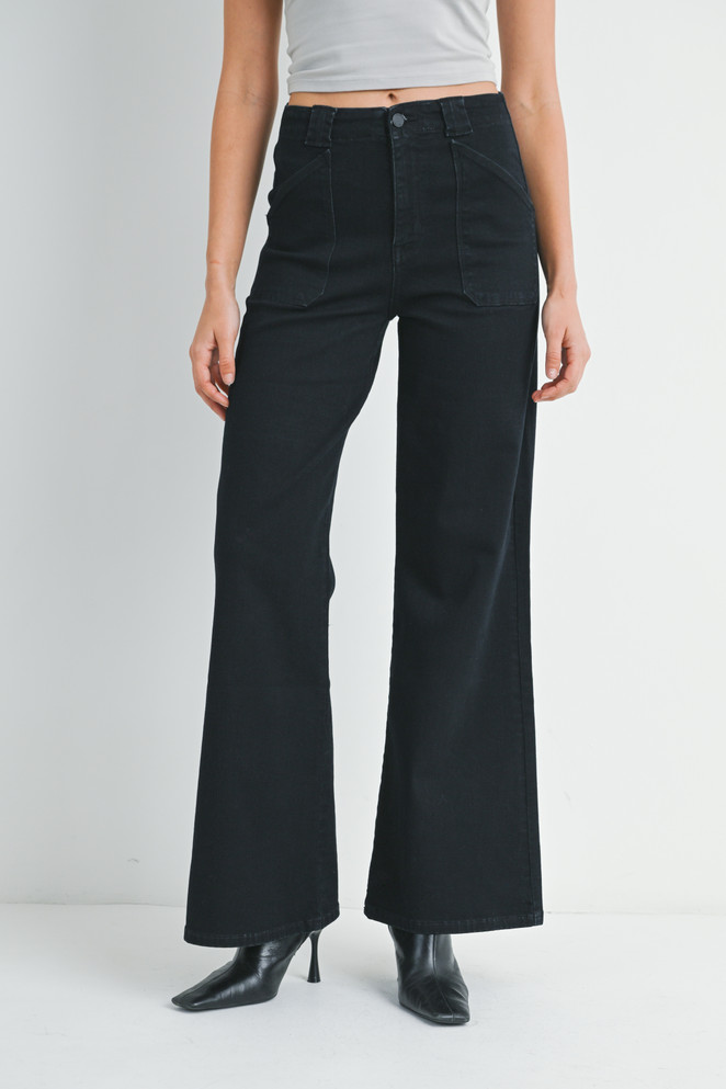 HIGH RISE PATCH POCKET WIDE LEG FLARE DENIM JEANS