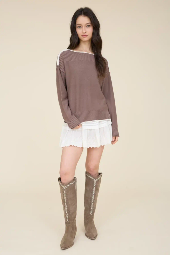 BOAT NECK RIBBED DETAIL KNIT SWEATER
