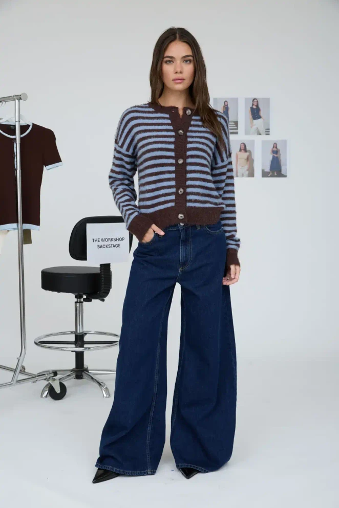 STRIPE BUTTON DOWN FUZZY KNIT CARDIGAN