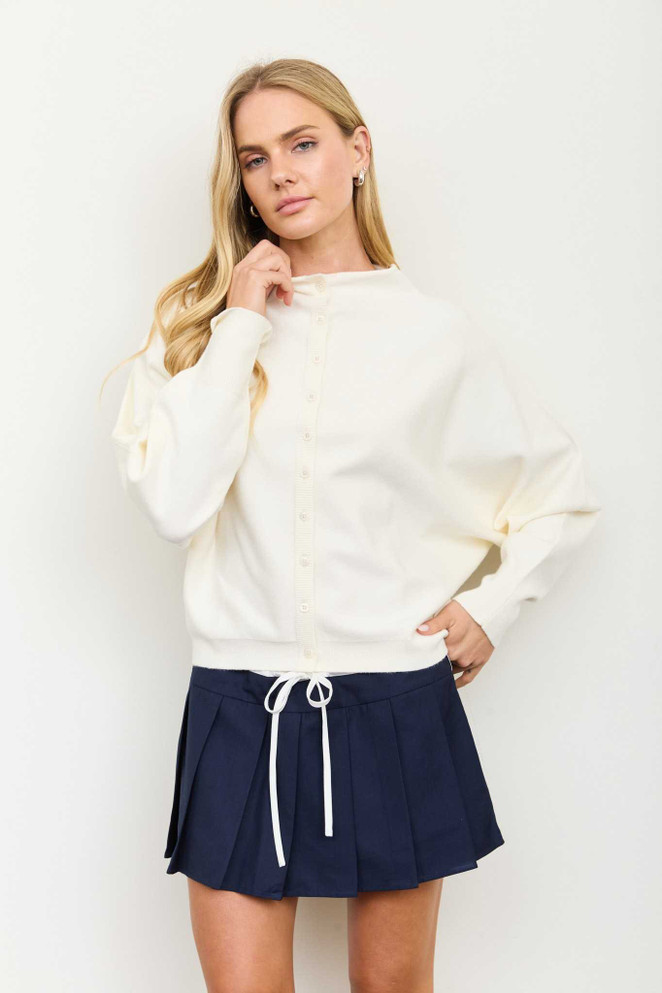 BOAT NECK BUTTON DOWN KNIT CARDIGAN SWEATER