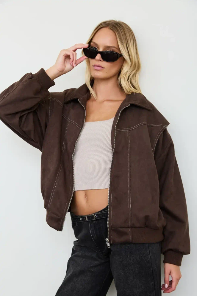 FAUX LEATHER COLLARED ZIP-UP BOXY BOMBER JACKET