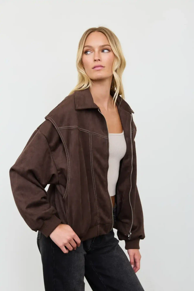 FAUX LEATHER COLLARED ZIP-UP BOXY BOMBER JACKET