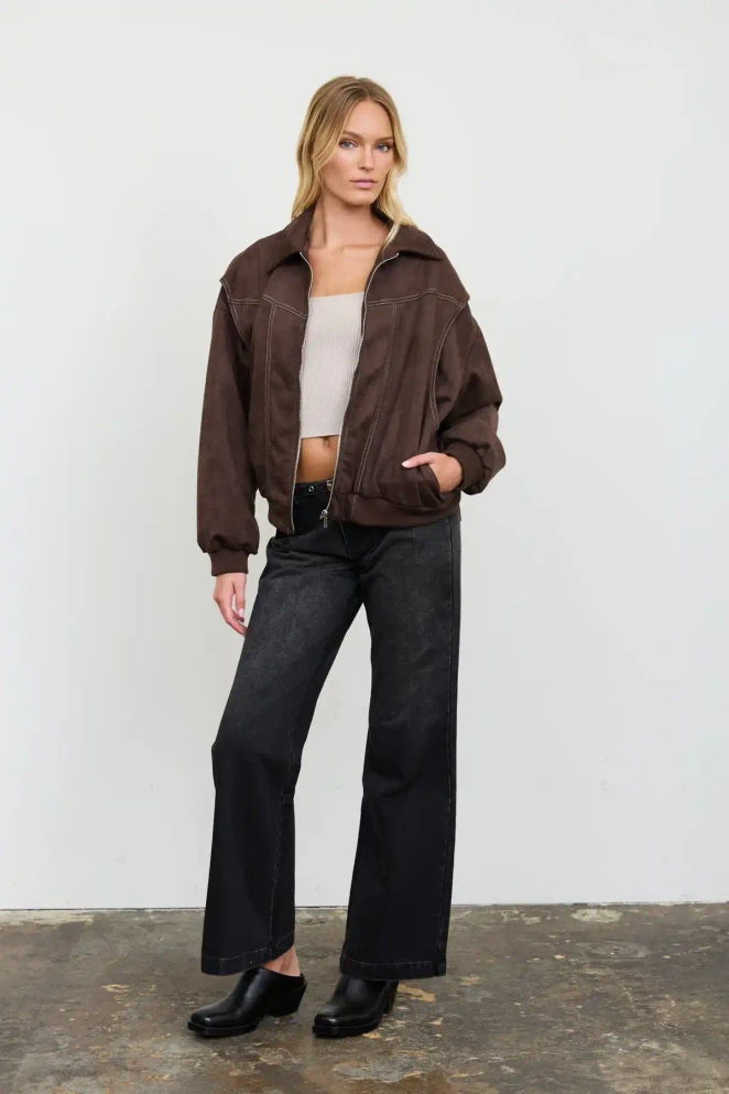 FAUX LEATHER COLLARED ZIP-UP BOXY BOMBER JACKET