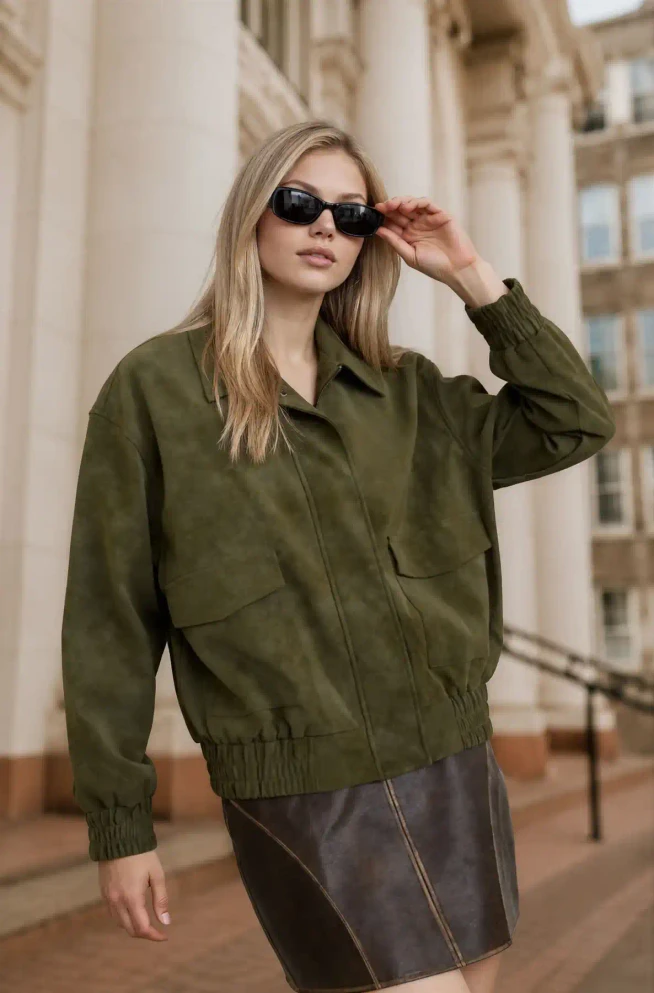 COLLARED TAB SHOULDER DETAIL SUEDE BOMBER JACKET