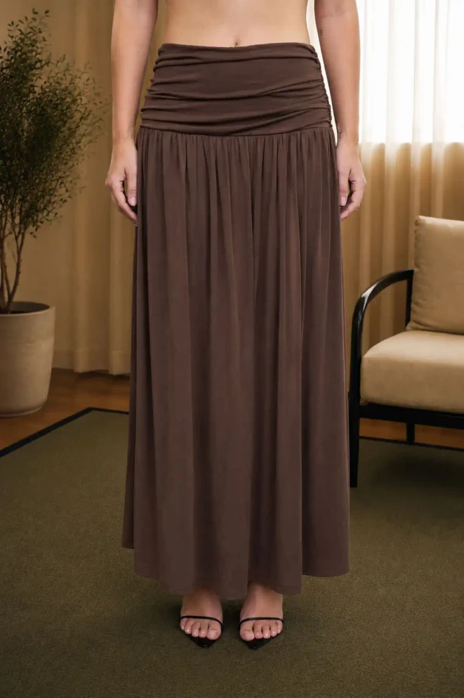 WIDE GATHERED WAISTBAND KNIT MAXI SKIRT