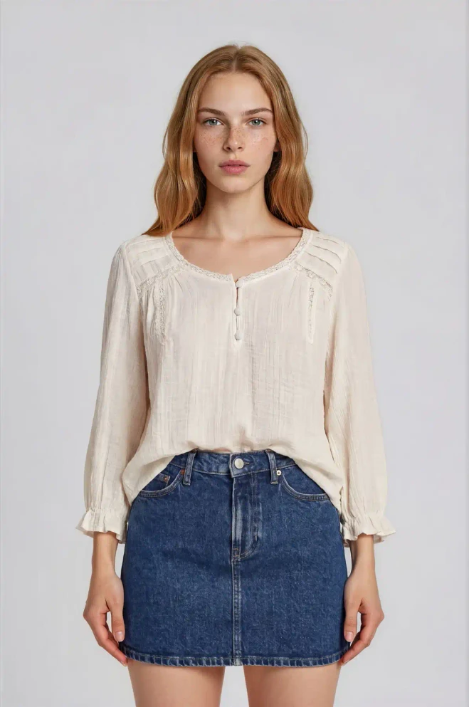 CROCHET TRIM V NECK 3/4 SLEEVE HENLEY TOP