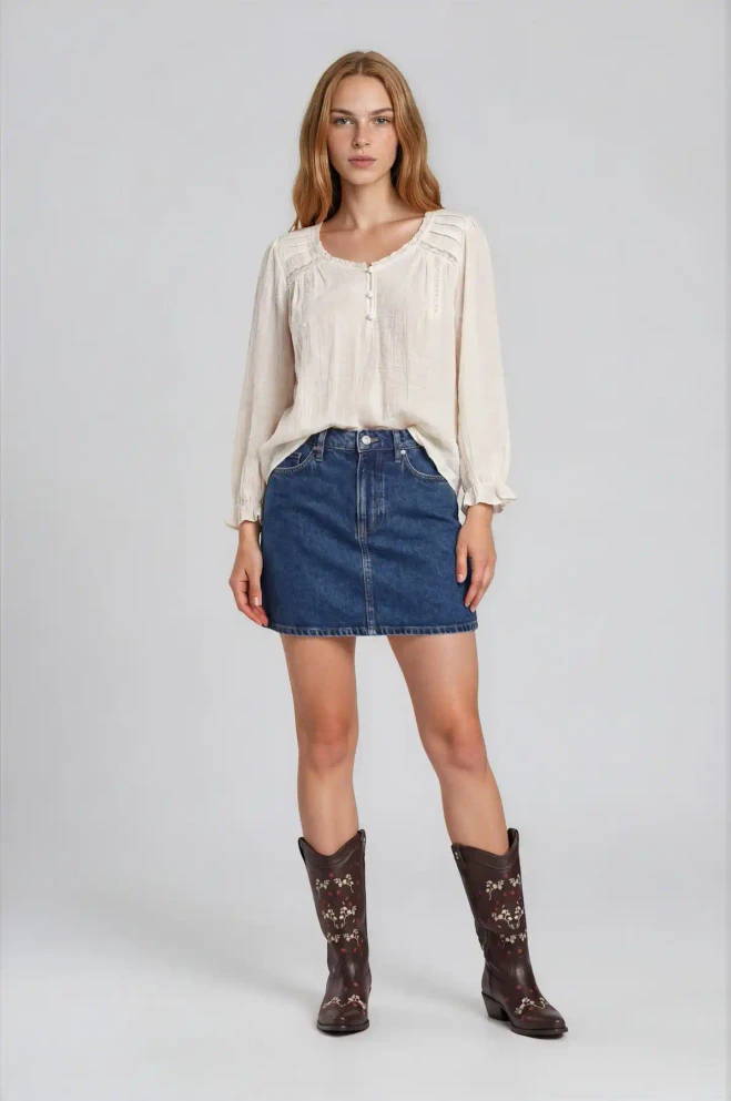 CROCHET TRIM V NECK 3/4 SLEEVE HENLEY TOP