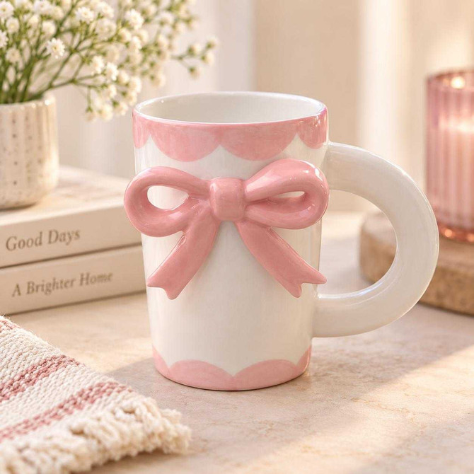 STONEWARE MUG WITH 3D BOW DESIGN