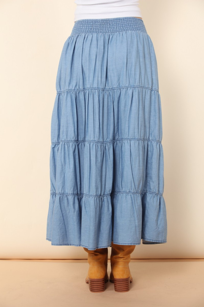 ELASTIC TIERED MIDI DENIM SKIRT
