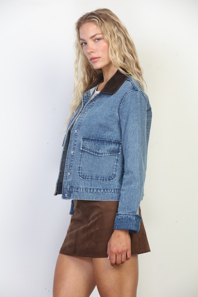 WASHED SNAP CLOSURE CROP DENIM JACKET