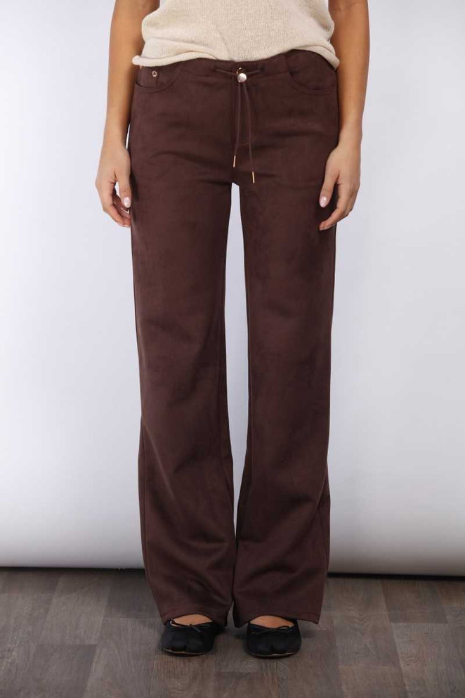 DRAWSTRING WAIST STRAIGHT LEG SUEDE PANTS