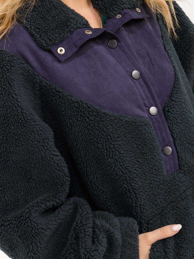 BUTTON UP FRONT POCKETS SHERPA PULLOVER SWEATER