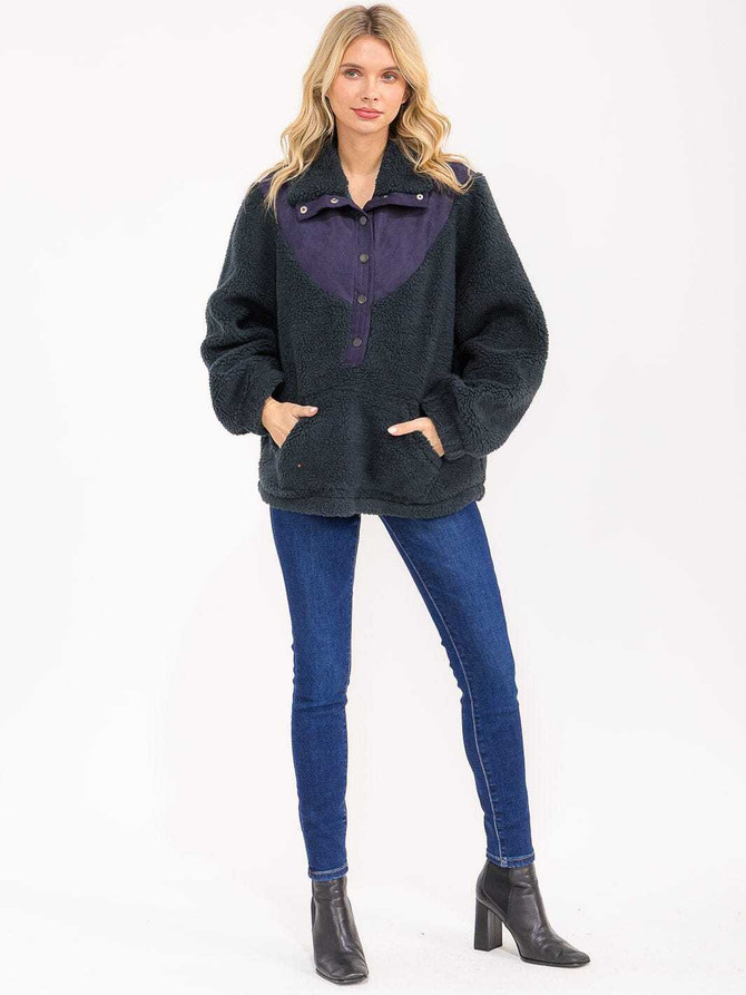 BUTTON UP FRONT POCKETS SHERPA PULLOVER SWEATER