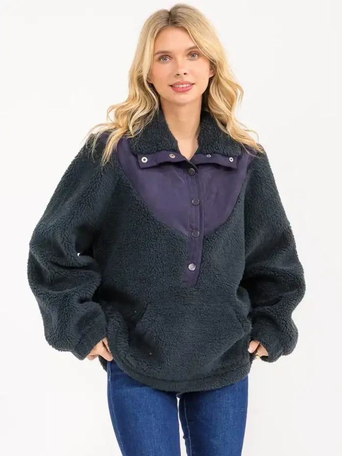 BUTTON UP FRONT POCKETS SHERPA PULLOVER SWEATER