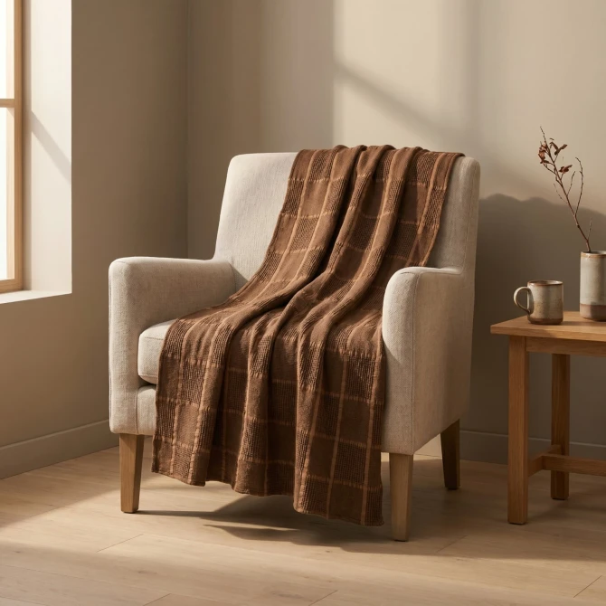 60"L X 50"W COTTON WAFFLE WEAVE THROW WITH GRID PATTERN