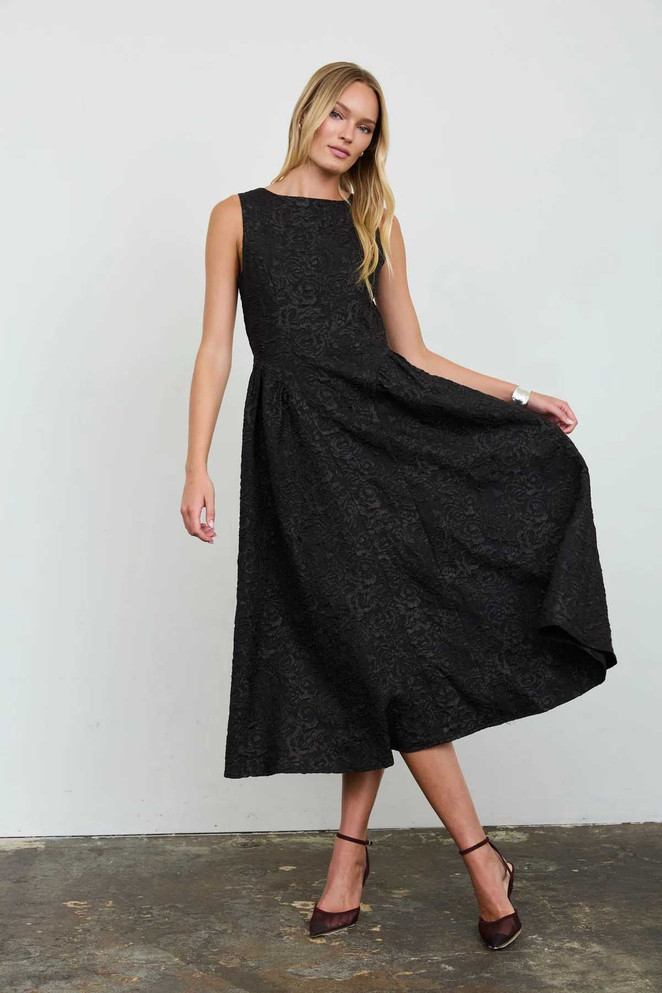 TEXTURED FLORAL JACQUARD BOAT NECK MIDI DRESS