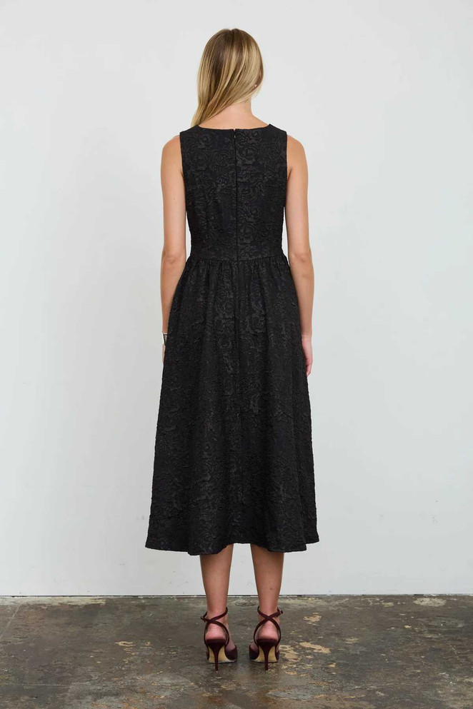 TEXTURED FLORAL JACQUARD BOAT NECK MIDI DRESS